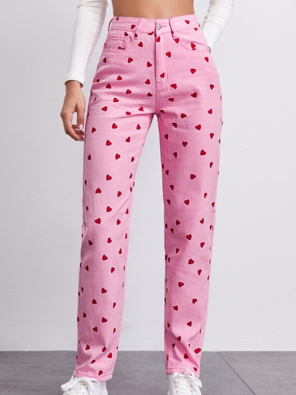 SHEIN | High Waist Straight Denim Jeans Pink Red Heart Print - Picture 2 of 10
